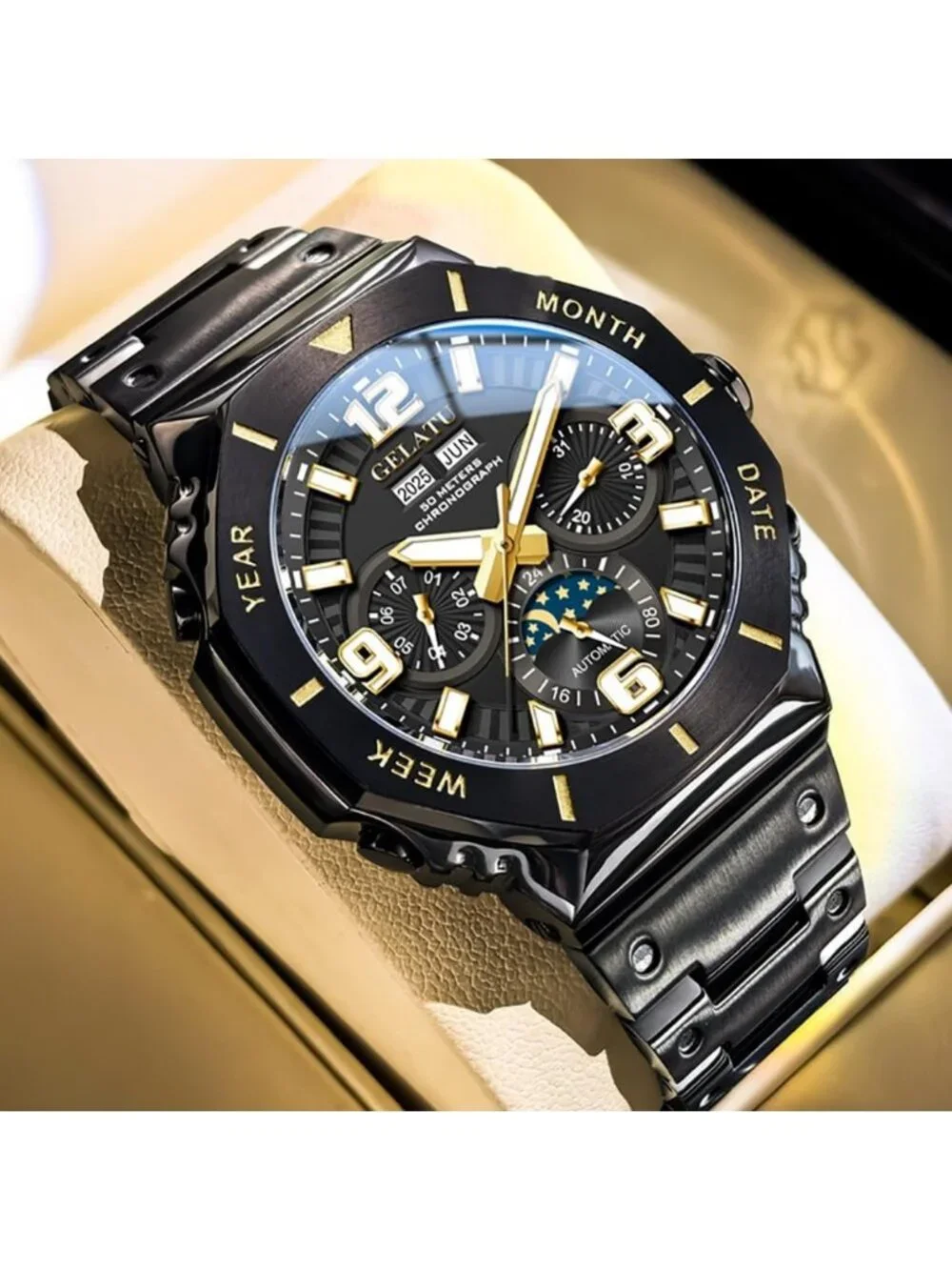 Men's Black & Gold Automatic Mechanical Multi-Function Chronograph Wrist Watch